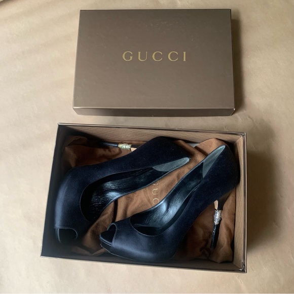 Gucci Shoes 39 Heels Peeptoe Raso Seta Nero 600 - Picture 2 of 13
